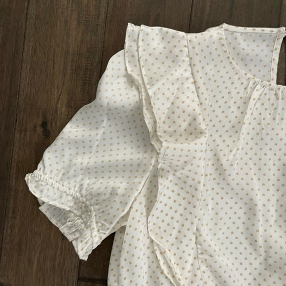 1.State Bon Voyage White & Gold Polka Dot Ruffle Blouse L - Picture 7 of 7